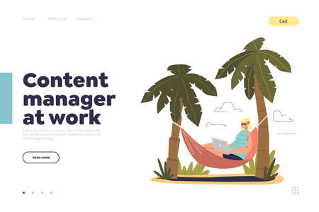 Content manager at work concept of landing page with young girl typing on laptop lying in hammockのイラスト素材