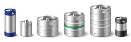 Set of metallic beverage realistic barrels for liquids transportation and storageのイラスト素材
