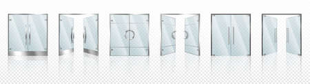 Realistic glass door. Entrance modern glass doors, office or shop mall steel frame close open exitのイラスト素材