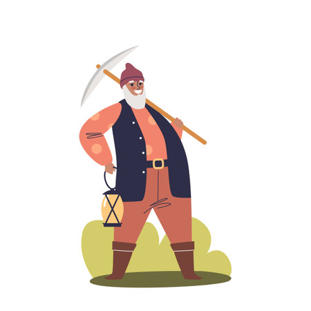 Funny garden gnome holding lantern and mattock. Cute cartoon dwarf working on farm or gardeningのイラスト素材
