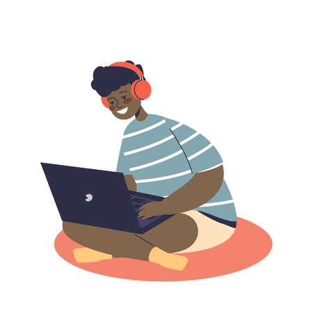 Little kid boy using laptop computer watch video online wearing headphonesのイラスト素材