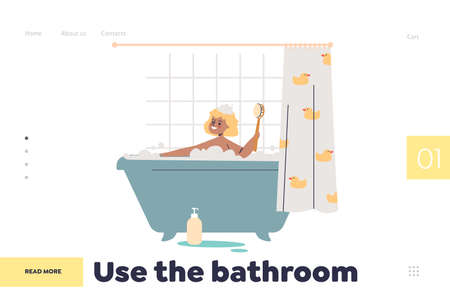 Use bathroom concept of landing page with cute girl toddler taking bathのイラスト素材