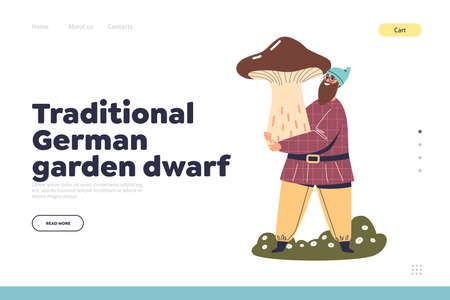 Traditional german garden dwarf concept of landing page with funny gnome carrying giant mushroomのイラスト素材