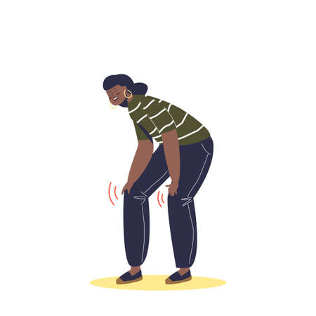 Young woman suffer from painful syndrome in knees. Stressed female with pain in legsのイラスト素材