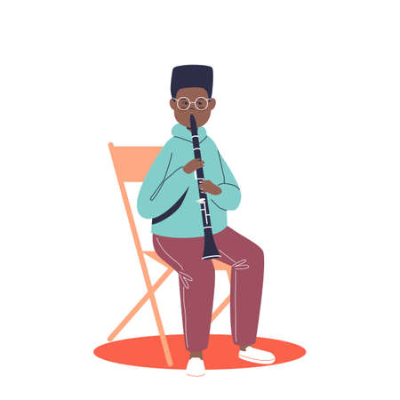 African boy playing flute. Small kid play classical music. Children orchestra and musical educationのイラスト素材
