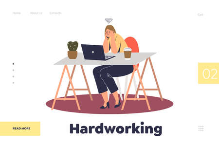 Hardworking concept of landing page with stressed young female worker workaholicのイラスト素材