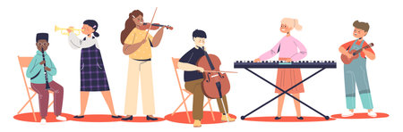 Kids playing on different music instruments: flute, trumpet, violin, cello, piano and ukuleleのイラスト素材