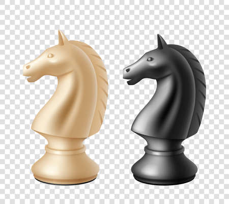Black and white chess knight icons isolated on transparent background. Chess knight figureのイラスト素材