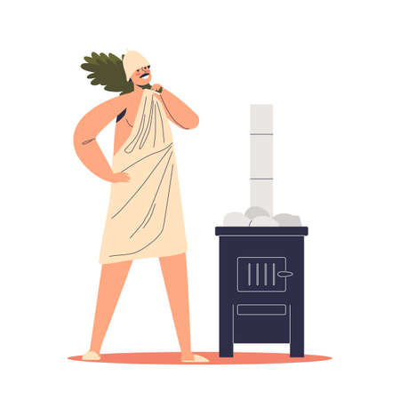 Man in hat and towel hold birch broom preparing for recreation in sauna or banyaのイラスト素材