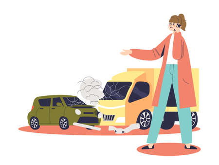Female car driver in accident on city street calling to insurance service, police and emergencyのイラスト素材