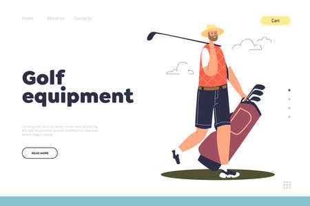 Golf equipment for professional game concept of landing page with man golf course worker carry clubsのイラスト素材