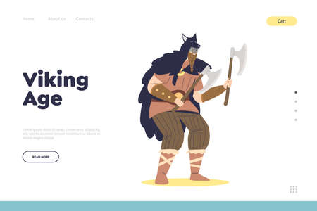 Viking age concept of landing page with old norwegian warrior hold axes dressed in medieval clothesのイラスト素材
