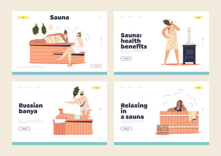 People enjoy sauna and banya activities, set of landing pages. Cartoon characters relaxing in spaのイラスト素材