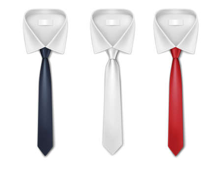 Set of silk neckties. Classic long red, white and black ties. Realistic cravats on shirt collarのイラスト素材