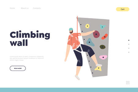 Climbing wall concept of landing page with man on rock or wall in gym or adventure parkのイラスト素材