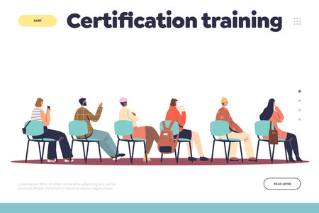 Certification training landing page with group of people sitting on chairs listen to lecturerのイラスト素材