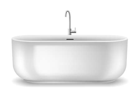 Stylish white bathtub from bathroom interior with steel faucet. Modern ceramic tubのイラスト素材