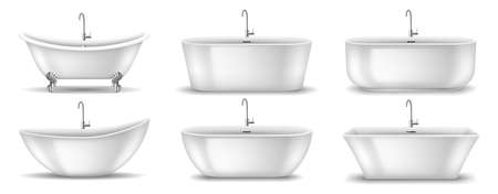 Set of realistic white bathtubs elements from bathroom interior with faucet. Modern ceramic tubsのイラスト素材