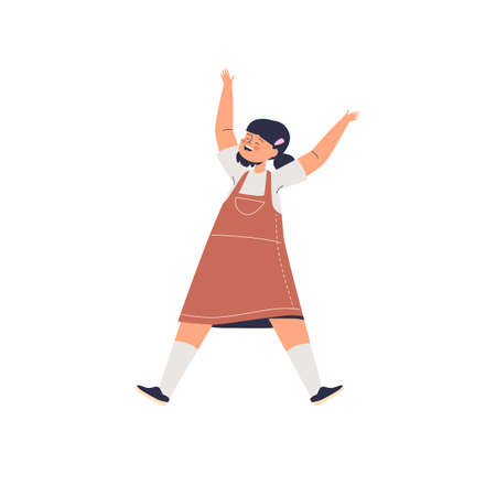 Funny smiling girl kid cheerful jumping up. Happy preschool or schoolgirl child joyful excitedのイラスト素材