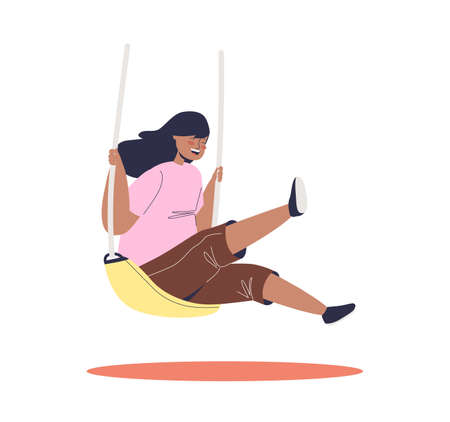 Cute funny girl kid riding swing. Happy preschool child enjoy summer outdoor activity on playgroundのイラスト素材