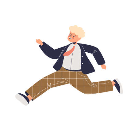 Excited small boy kid cheerful jumping up, having fun. Happy preschool or schoolboy child smilingのイラスト素材