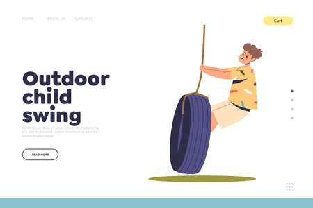 Outdoor child swing concept of landing page with cute boy kid riding tire swingのイラスト素材