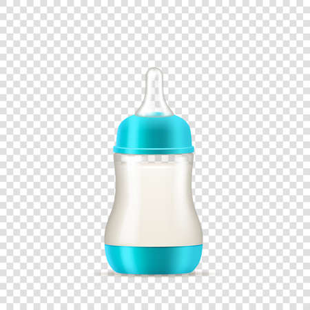 Baby feeding bottle with milk, 3d infant food and drink feeder. Equipment for feed newborn kidのイラスト素材