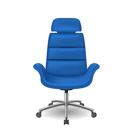Comfortable office chair on wheel with blue leader or fabric back. Realistic stool for sitting workのイラスト素材
