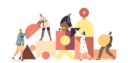 Team joining geometric shapes puzzle work together. Coworker and colleagues creative cooperatingのイラスト素材