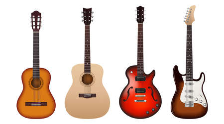 Set of realistic acoustic and electric guitars. Classic and modern string music instruments iconのイラスト素材
