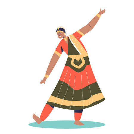 Woman dancer wearing traditional indian clothes. Female performer on national holiday, wedding artist. India tradition, art, culture and music concept. Cartoon flat vector illustrationのイラスト素材