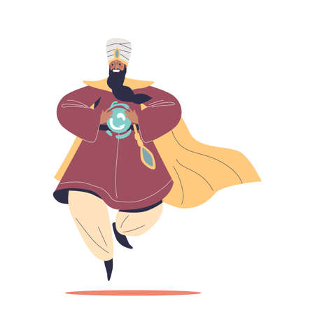 Old wizard genie hold crystal ball wearing magician robe costume tell spell. Senior bearded sorcererのイラスト素材