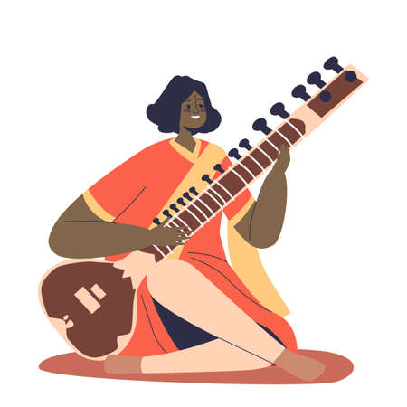 Traditional indian folk artist musician woman in national clothes playing on sitarのイラスト素材