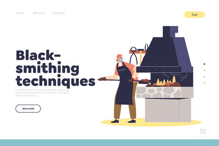 Blacksmithing techniques concept of landing page with blacksmith at work fire metal steel in furnaceのイラスト素材