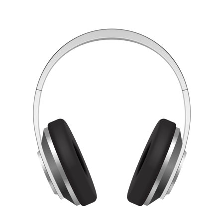 Earphones realistic. Silver headphone front view. Audio gadget with speaker, wireless mobile personal big earbuds. Musical accessory. 3d vector illustrationのイラスト素材