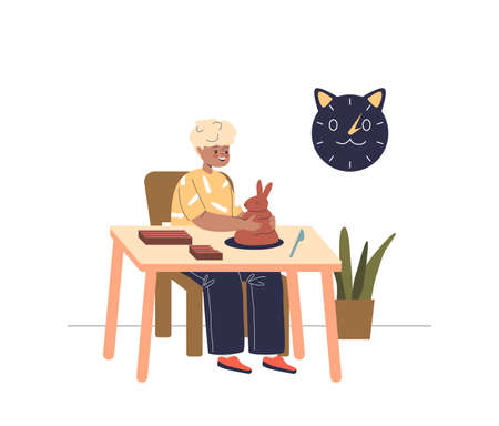 Little boy kid making figures from plasticine sitting at table during craftsmanship lessonのイラスト素材