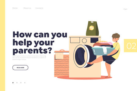 Help parents concept of landing page with boy kid loading clothes to washing machineのイラスト素材