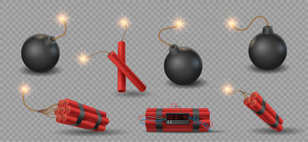 Realistic 3d bomb, tnt and dynamite sticks with burning fuse. Explosive weapon or firecrackers