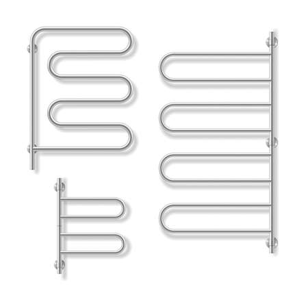 Towel dryer set. Realistic metal bathroom radiators accessories isolated on white backgroundのイラスト素材