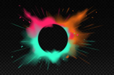 Color powder explosion with round banner. Cloud of paint dust. Realistic splash of colorful powderのイラスト素材