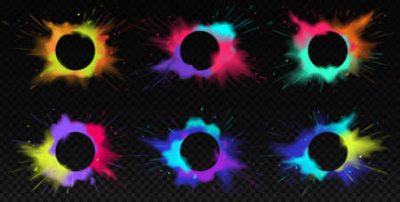 Color powder explosions. Splash of paint dust with round banner. Realistic clouds of colorful powderのイラスト素材