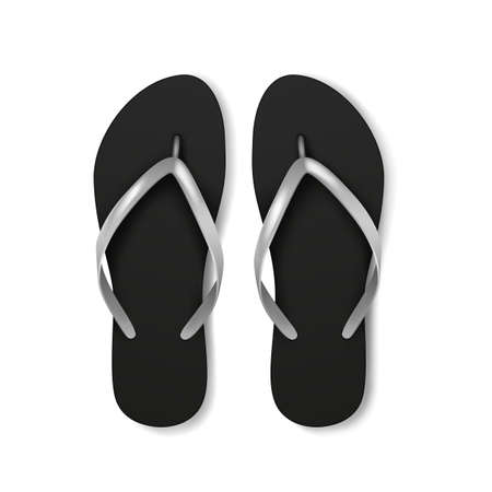 Beach flip flops slippers template. Realistic 3d blank mockup. Mock up of black beach slippersのイラスト素材