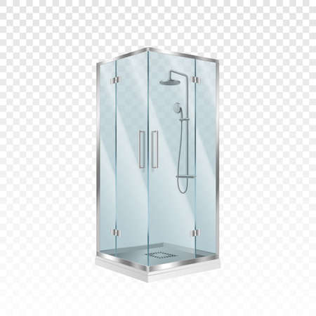 Realistic luxury shower cabin isolated. Corner bathroom box, cabinet with transparent glass doorのイラスト素材