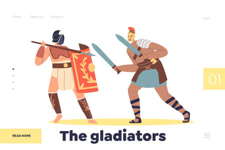Gladiators concept of landing page with ancient warriors fighting with barbarian on arenaのイラスト素材