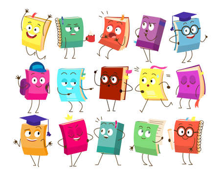 Set of funny book characters, mascots, cartoon. Childish books with smiling faces, arms and legsのイラスト素材