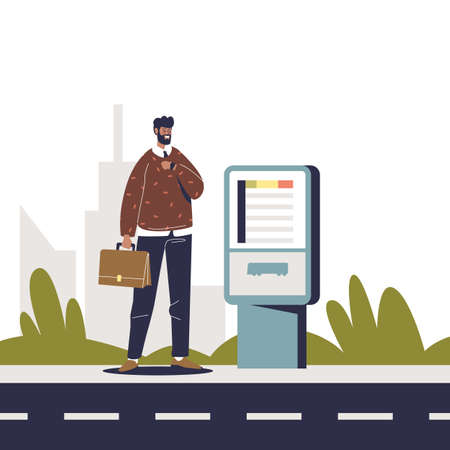 Man buying ticket for public bus at self-service ticket machine. Urban city public transportのイラスト素材