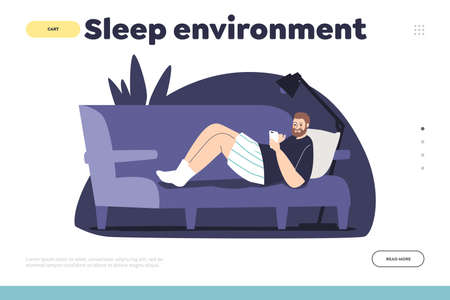 Sleep environment concept of landing page with man on sofa with smartphone scroll social mediaのイラスト素材