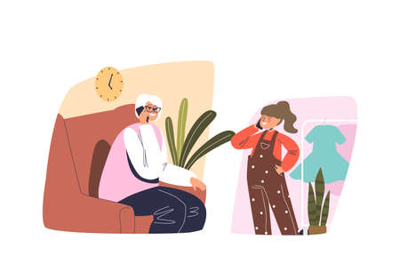 Small girl talking with grandmother on phone call. Mobile phone conversation communicationのイラスト素材