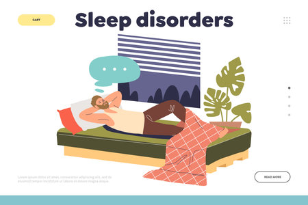 Sleep disorder concept of landing page with sleepless man lying awake in bed try to fall asleepのイラスト素材