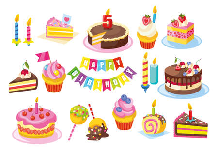 Festive cakes set. Colorful tasty sweets for birthday celebration menu. Cupcakes and candies popsのイラスト素材